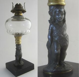 19thc Antique Victorian Era Figural Native American Indian Boy / Child Oil Lamp