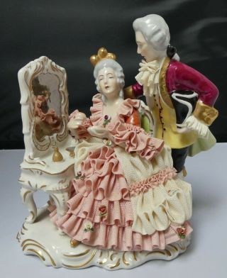 Antique Dresden Lace Figurine Lady Seated At Dressing Table With Gentleman