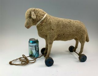 Antique Steiff Lamb Sheep Pull Toy On Wooden Wheels Ear Button