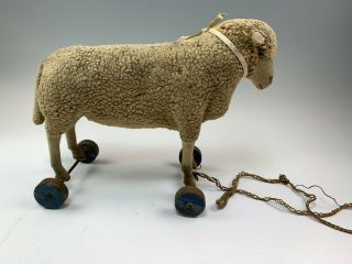 Antique Steiff Lamb Sheep Pull Toy on Wooden Wheels Ear Button 2