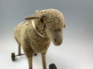 Antique Steiff Lamb Sheep Pull Toy on Wooden Wheels Ear Button 4