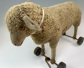 Antique Steiff Lamb Sheep Pull Toy on Wooden Wheels Ear Button 6