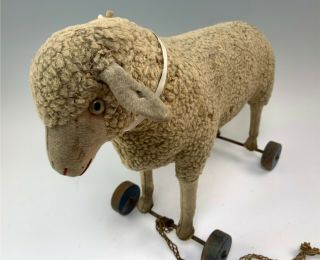 Antique Steiff Lamb Sheep Pull Toy on Wooden Wheels Ear Button 7