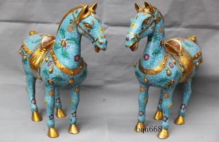 19 " A Pair China Antique Cloisonne Enamel Bronze Gilt Fengshui Tang Horse Statue
