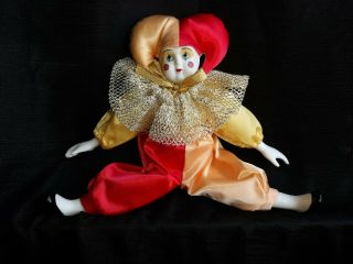 Porcelain Jester Joker Doll In Red,  & Gold - Vintage Male