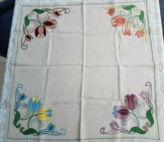 Vintage Embroidery Hand Embroidered Tablecloth Floral Design,  Flowers