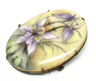Antique C Clasp Hand Painted Floral Brooch Pin Brass
