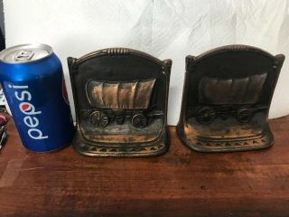 Antique W.  H.  Howell Co.  Cast Iron Western Cowboy Horse Wagon Art Bookends