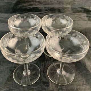 Vintage Champagne Coupe Glass Set 4 Daisy Flower Garland Etched Stemware