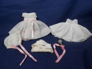 Vintage Madame Alexander Little Genius Organdy Dress,  Bonnet,  Slip,  Rattle