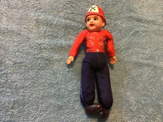 8” Celluloid Fire Chief Straw Stuffed Doll: Fire Chief Uniform And Helmet