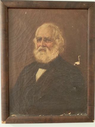 Antique Oil Painting On Canvas Portrait Early American Old Man Signed W.  S Barber