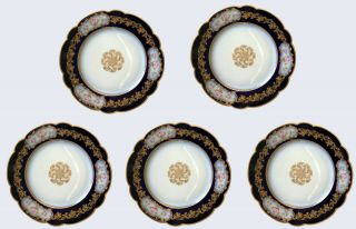 Antique Limoges 5 Salad Dessert Plates M.  Redon,  Gold,  Cobalt Blue,  White,  Rare