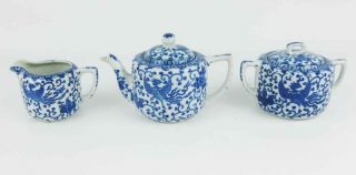 Antique Noritake Morimura Blue & White Teapot,  Cream & Sugar Phoenix Circa 1921