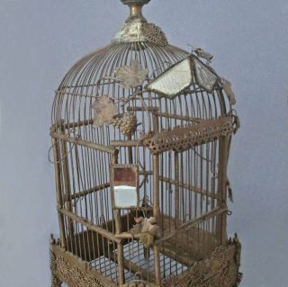Antique 19thc French Wood,  Wire Bird Cage Gilt Tole Leaves Mirrors,  Ornaments