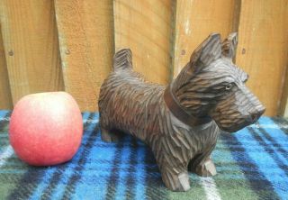 Antique Black Forest Hand Carved Wood Large Scottie Dog Figurine Glass Eyes Deco