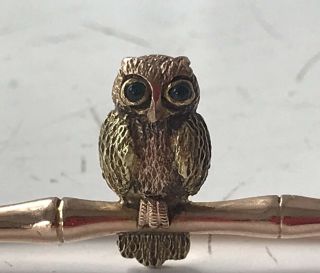 Antique Victorian 9ct Gold & Emerald Owl Bar Brooch On Branch @ 1900 - Two Tone