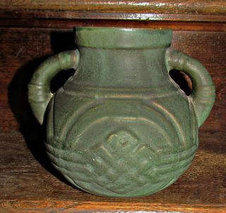 Antique Arts And Crafts Atlantic Pottery Dbl Handle Vase Matte Green S27