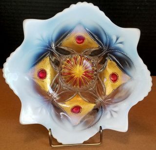 Antique Dugan Northwood Opalescent Wheel And Block Red Gold White Goofus Glass