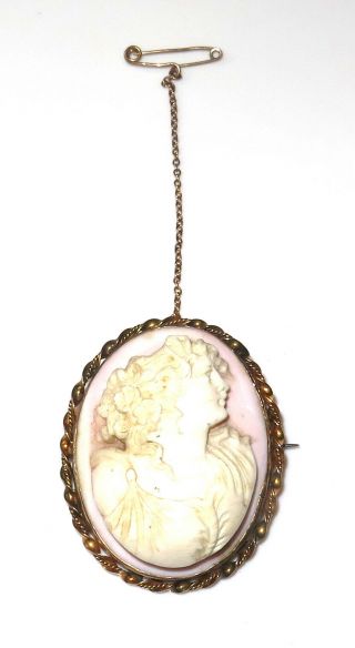 Vintage Estate Antique Victorian 9k Solid Gold Large Pink Shell Cameo Chain Pin