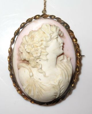 Vintage Estate Antique Victorian 9K Solid Gold Large Pink Shell Cameo Chain Pin 2