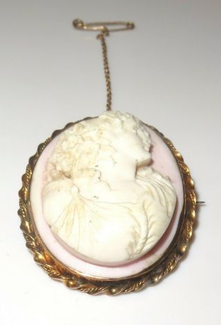 Vintage Estate Antique Victorian 9K Solid Gold Large Pink Shell Cameo Chain Pin 3