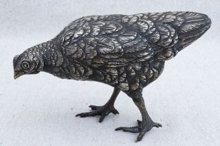 Antique Japanese Meiji Period Silvered Bronze Quail Bird Figurine Sculpture 6½ "