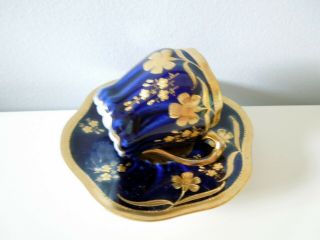 Antique Limoges Demitasse Cup Saucer Raised Flowers Cobalt Gilded Rare Shape Hp
