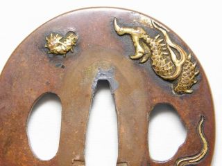 SIGNED Gold Dragon TSUBA 18 - 19thC Japanese Antique Edo Koshirae 5