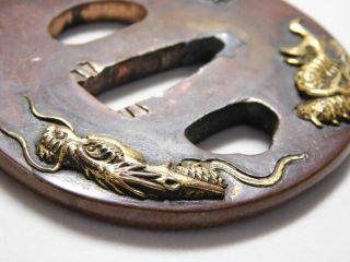 SIGNED Gold Dragon TSUBA 18 - 19thC Japanese Antique Edo Koshirae 6