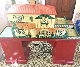 Vintage Midcentury Tin Dollhouse Desk Mounted With Led Lighting 44 " L X 40 " H X 13
