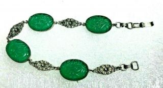 Antique Bohemian Czech Embossed Green Glass Bracelet Art Deco