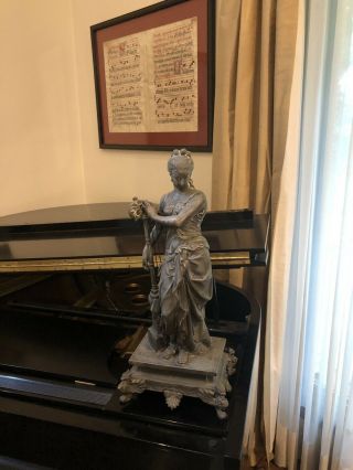 Antique Victorian Spelter Woman Statue With Harp