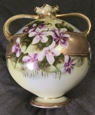 Antique Nippon Lg Porcelain Vase Violets Lg Gold Band 9 " High Handpainted C1845