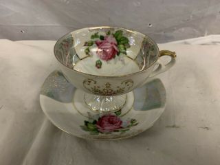 Vintage Iridescent Tea Cup And Saucer (pink Roses) Green (unmarked)