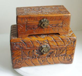 2 Carved Wood Boxes With Brass Catches & Hinges