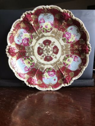 Antique Nippon Porcelain Plate Gold Encrusted Hand Painted Roses Beading Red