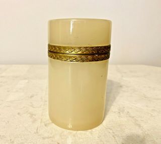 Antique French Yellow Opaline Glass Cylindrical Hinged Box.