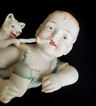 Large Antique Victorian Germany Bisque Porcelain Piano Baby Figurine W/ Cat