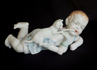 Large Antique Victorian Germany Bisque Porcelain Piano Baby Figurine w/ Cat 2