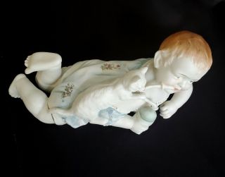 Large Antique Victorian Germany Bisque Porcelain Piano Baby Figurine w/ Cat 3