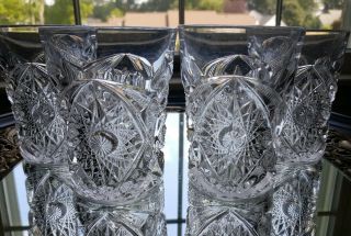 ANTIQUE EAPG PRESS CUT GLASS PITCHER AND 4 TUMBLERS SET 6