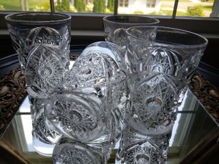 ANTIQUE EAPG PRESS CUT GLASS PITCHER AND 4 TUMBLERS SET 8