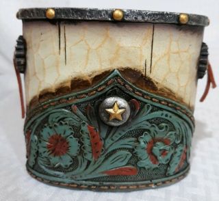 Western Style Toothbrush Holder Tooled Leather Turquoise Antiqued Wood Look