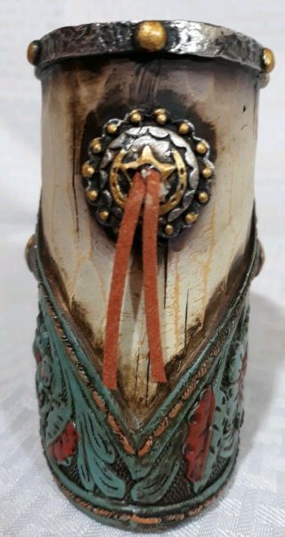 Western Style Toothbrush Holder Tooled Leather Turquoise Antiqued Wood Look 2