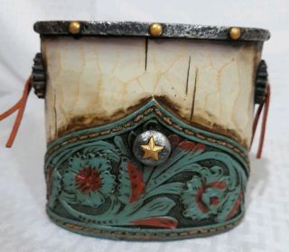 Western Style Toothbrush Holder Tooled Leather Turquoise Antiqued Wood Look 3