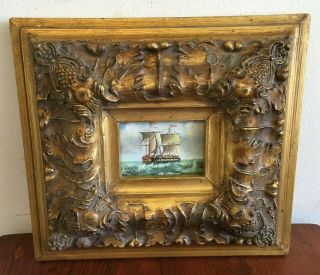 Antique Miniature Oil On Board Maritime Painting In Heavy Ornate Gilt Frame