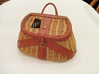 Vintage Wicker & Leather Fishing Creel Made In British Hong Kong