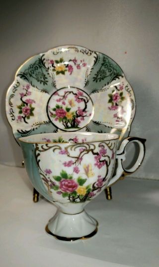 Royal Halsey Footed Iridescent Tea Cup And Saucer Roses W/ Cherry Blossoms Tree
