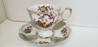 ROYAL HALSEY FOOTED IRIDESCENT Tea Cup and Saucer Roses w/ Cherry Blossoms Tree 2